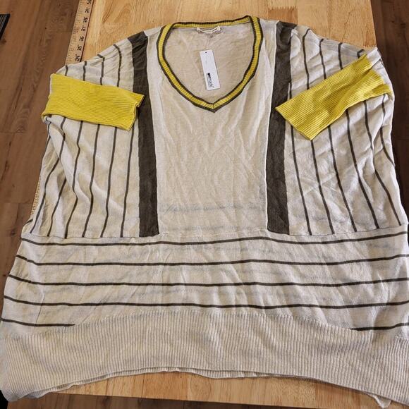 NWT La Made Yellow White Cotton Wool Cashmere Blend Stripe V-Neck Sweater - Picture 1 of 11